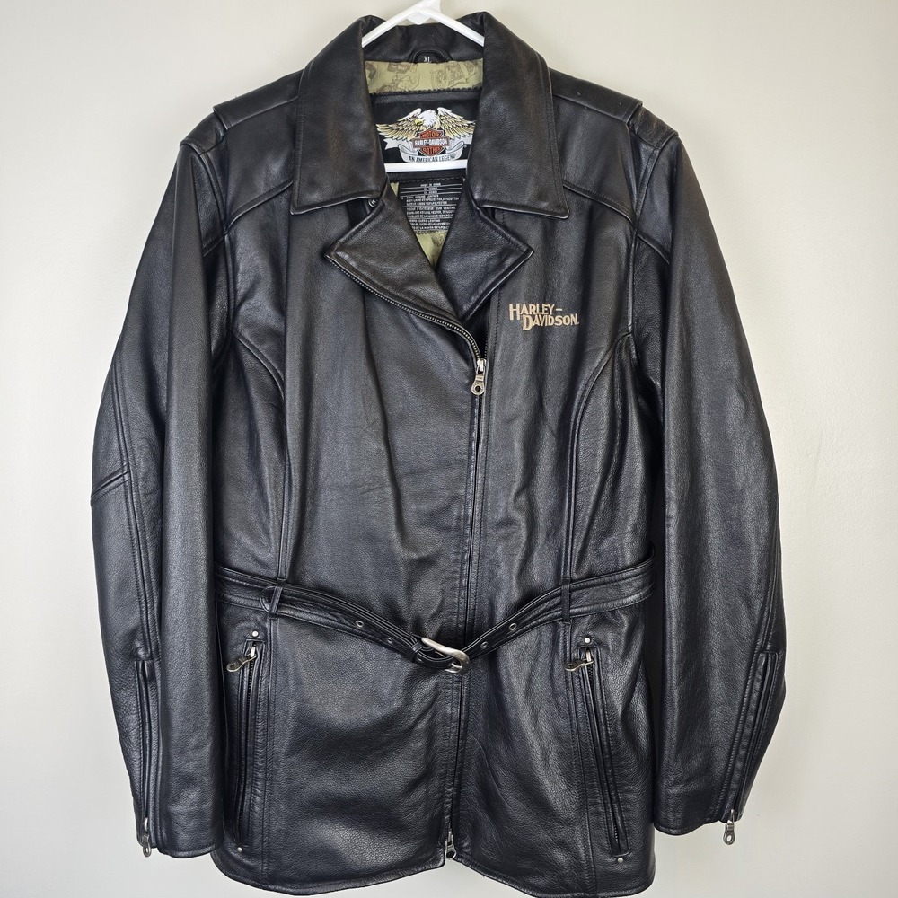 Womens XL Harley Davidson Soft Leather Belted‎ Motorcycle Jacket Coat EUC.